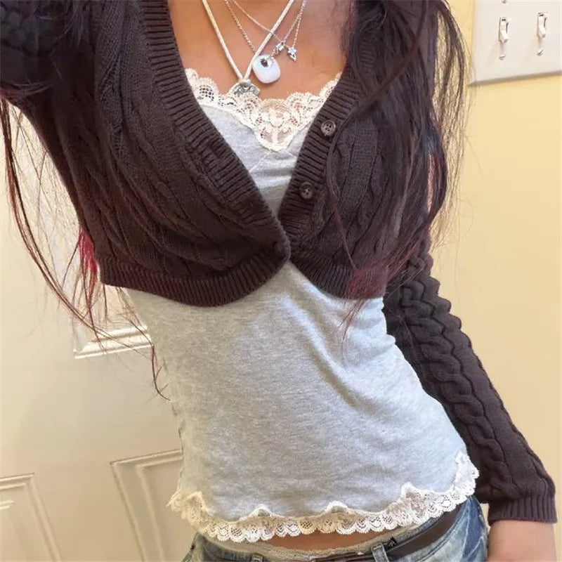 Women Y2K Cable Knit Cropped Bolero Cardigan V Neck Button Long Sleeve Super Short Knit Shrug Sweater Outerwear Tops