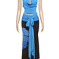 Sexy 2-Piece Set Women Halter Swing Collar Backless Tank Tops+Print Patchwork Tassels Folds Skirt Chic Vacation Suit