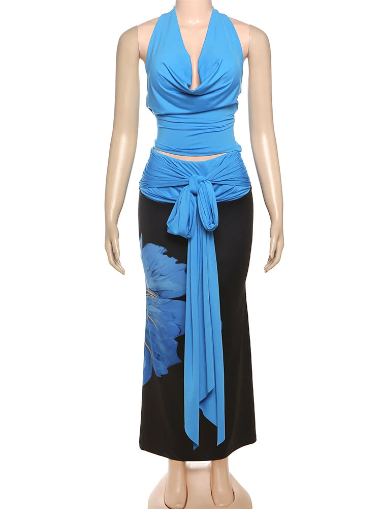 Sexy 2-Piece Set Women Halter Swing Collar Backless Tank Tops+Print Patchwork Tassels Folds Skirt Chic Vacation Suit