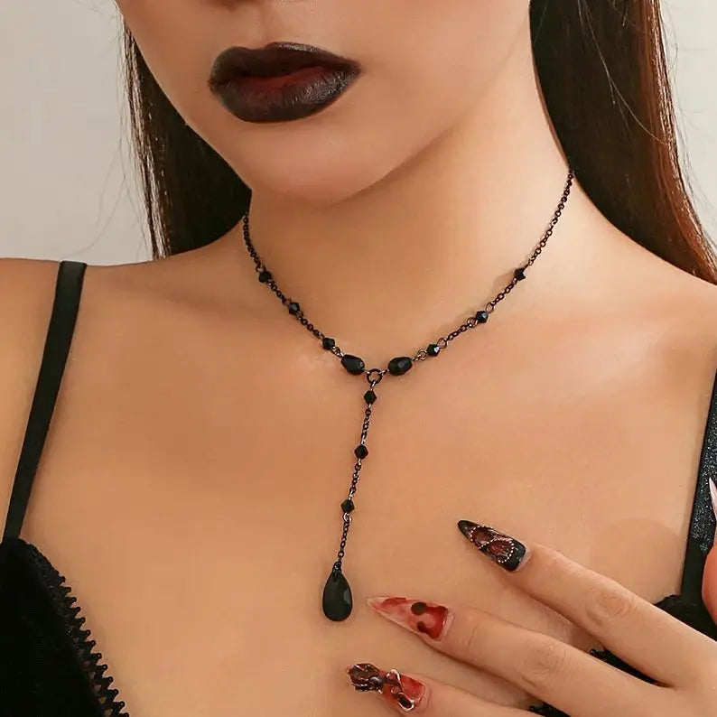 Goth Black Water Drop Crystal Chest Chain Necklace for Women Collares Vintage Sexy Link Choker Y2K Halloween Jewelry Accessories