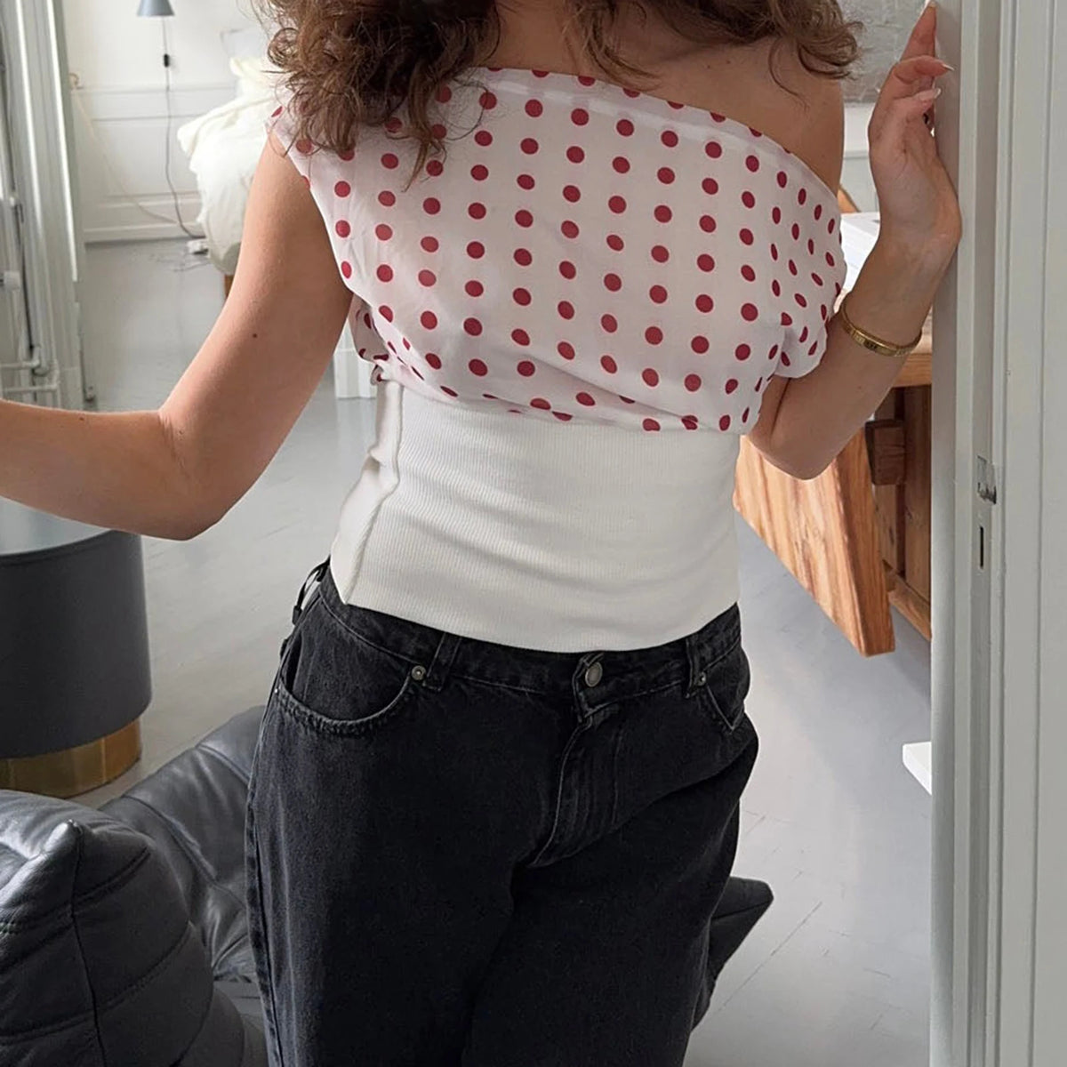 Women Off Shoulder Tops Asymmetrical Boat Neck Sleeveless Backless Y2K Polka Dot Tank Top Going Out Crop Shirts