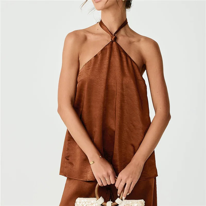 Halter Neck Satin Top for Women with Knot Front and Open Back Design Sleeveless Solid Color Elegant Party Summer Blouse