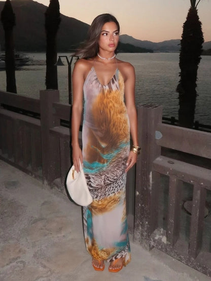 See Through Dress Women Y2K Midnight v-Neck Bandage Halter Backless Sleeveless Vacation Beach Party Sexy Vestidos