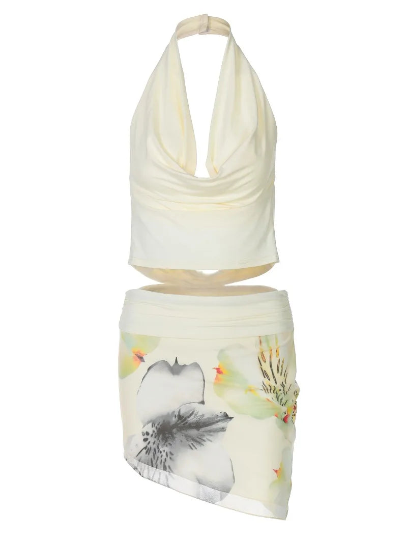 2 Piece Set Floral Mini Skirt and Top Co Ord Sets for Woman Summer Beach Vacation Dress Sexy Brunch Outfits