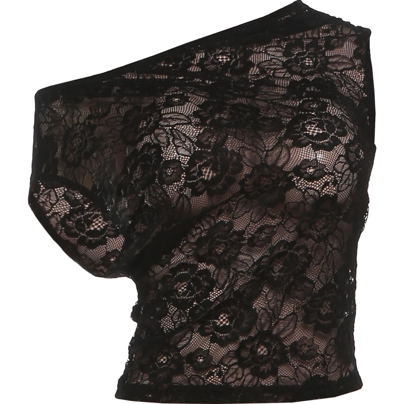 Sexy Off Shoulder Crop Tops Woman Summer Trend Lace Patchwork Skew Collar Shape Waist High Street Fashion Style Tees