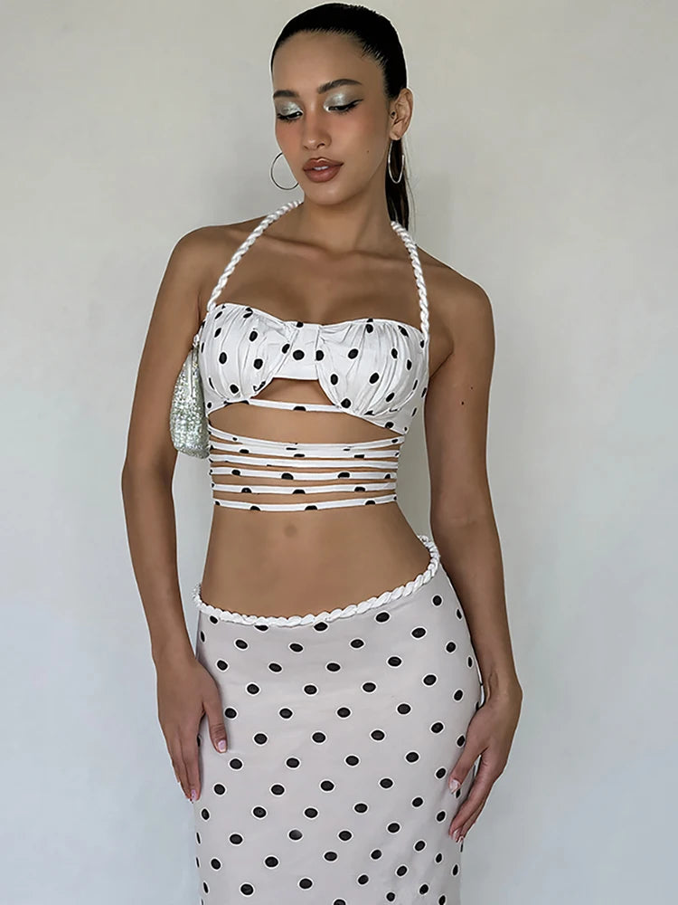 Polka Dots Print 2 Piece Set Women Halter Plait Hollow Stripe Camisole+Mid Skirts Simple Streetwear Matching Outfits