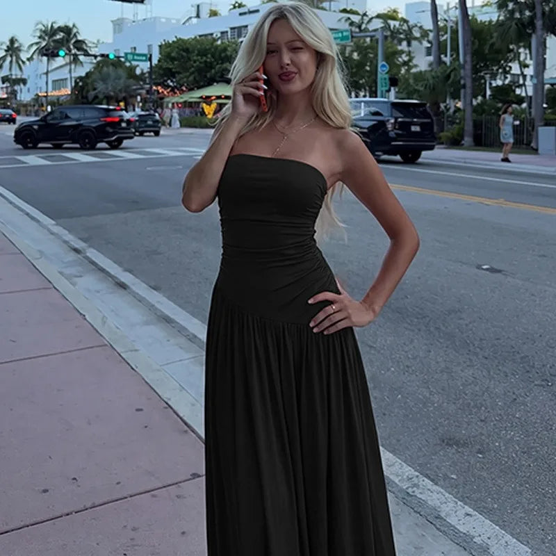 Strapless Ruched Maxi Dress Burgundy Black Outfit Summer Woman Clothing Elegant Dresses Casual