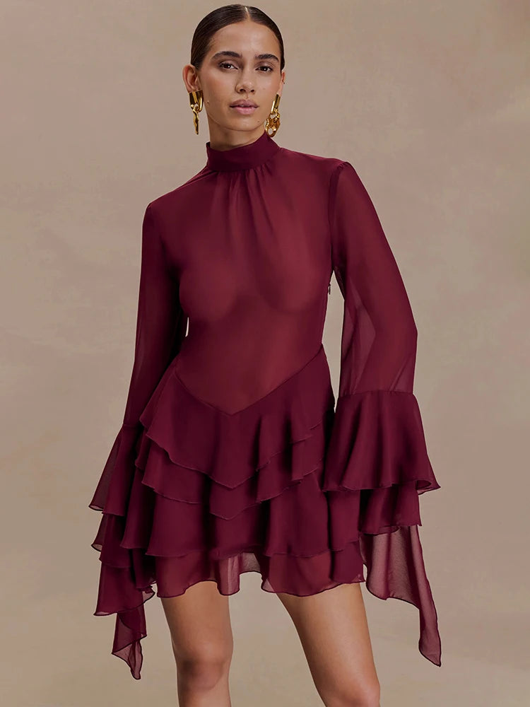 Mesh See Through Ruffle Sexy Mini Dress Women Elegant Turtleneck Long Sleeve Tiered Frills Club Party Dresses Female