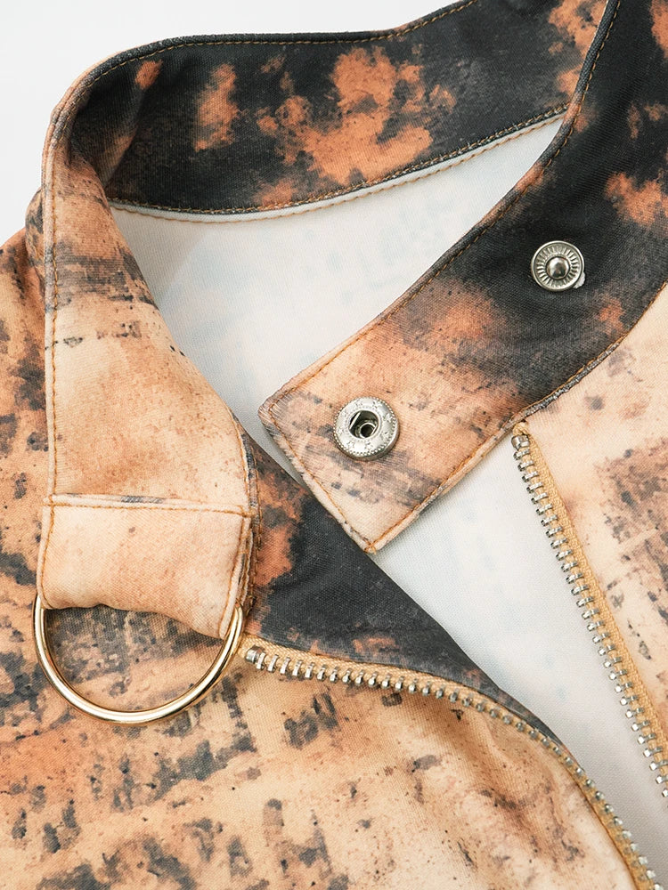 Fashion Sporty 2 Piece Set Women Tie Dye Print Metal Buckle Crop Jacket+Biker Shorts Matching Streetwear Stretch Suit