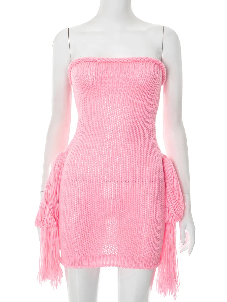 Crochet Strapless Dress Women Sexy Off Shoulder Backless Tassel Skinny Peach Hip Hottie Midnight Party Mini Bodycon