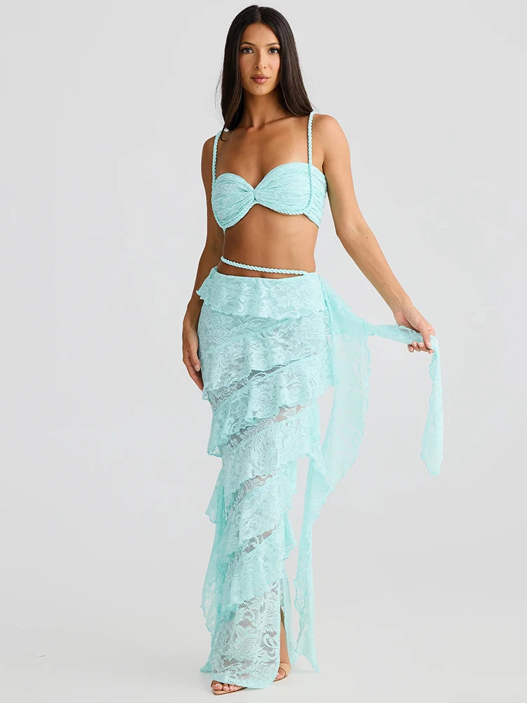 Summer Lace Sexy Two Piece Sets Women Fashion Strapless Crop Tops And Maxi Skirt Female Elegant Beach Party 2 Piece Set