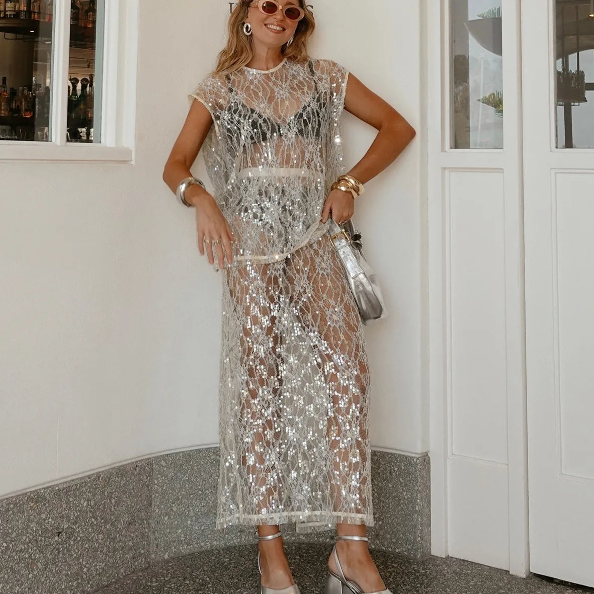 Women's Y2K 2 Piece Skirt Outfits Cap Sleeve Sheer Sequins Flower T shirt Tops and Long Skirt Fashion Matching Set