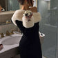 Furry Patchwork Christmas Dress Women Winter Elegant Trend Diagonal Collar Split Hem Full Sleeve Party Club Vestidos