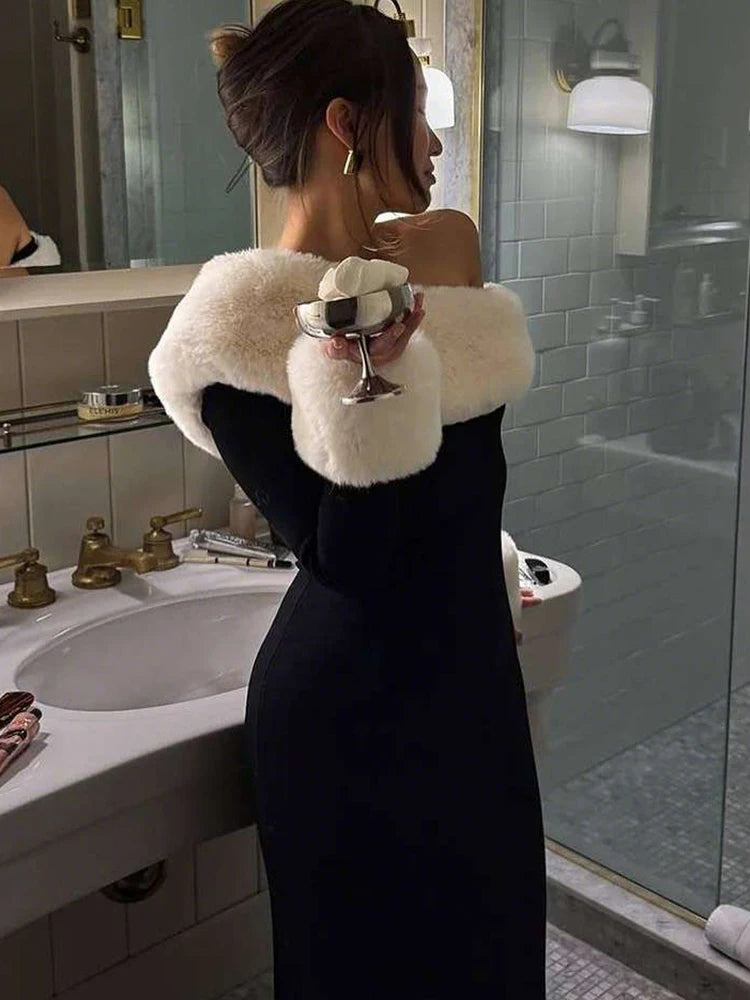 Furry Patchwork Christmas Dress Women Winter Elegant Trend Diagonal Collar Split Hem Full Sleeve Party Club Vestidos