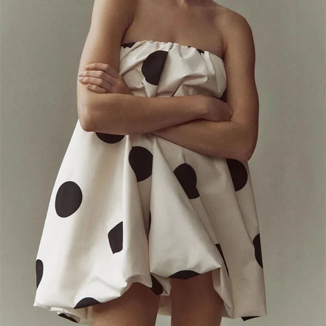 Women Polka Dot Bubble Mini Dress Strapless Flowy Short Tube Dress Off Shoulder Y2k Balloon Dress Party Beach