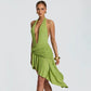 Halter Deep V Neck Backless Asymmetric Mini Dress with Ruched Handkerchief Hem Sexy Party Dresses