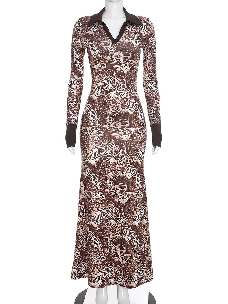 Art Print Maxi Dress Women Polo Collar Full Sleeve Skinny High Elasticity Autumn Fashion Prom Party Chic Vestidos
