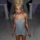 Light Blue Sheer Mesh Cowl-neck Mini Dress Embellished with Crystal-drop Sexy Woman Clothing