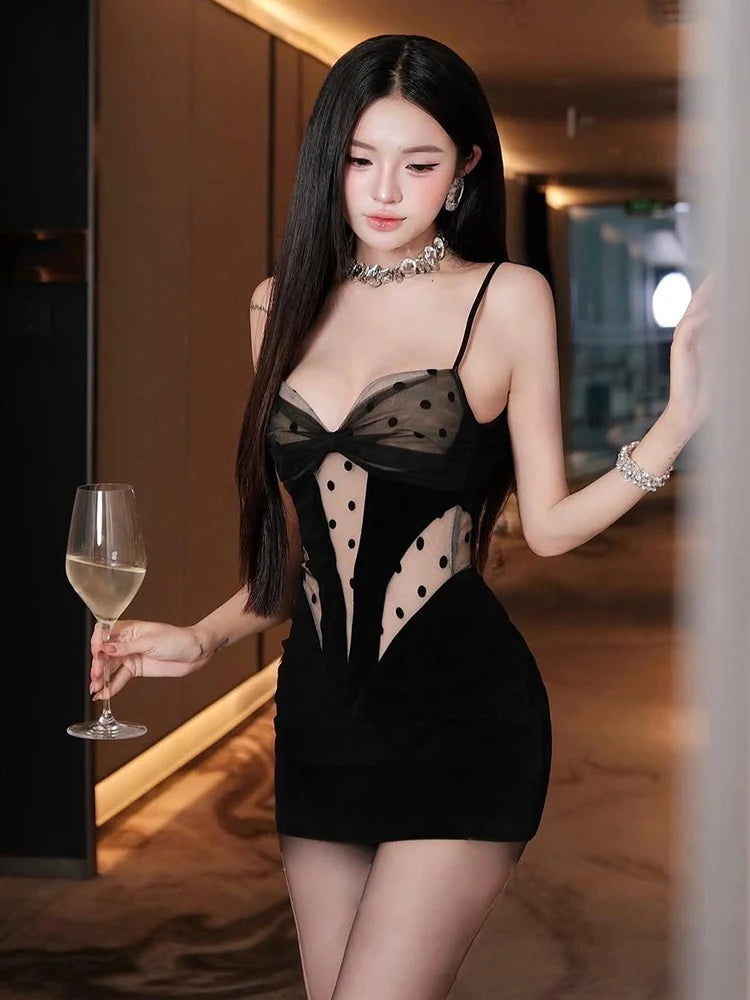 Polka Dot Dress Women Patchwork Mesh Low-Neck See Through Skinny Sexy Midnight Prom Party Fashion Classic Mini Bodycon