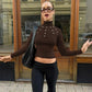 Shell Buckle Turtleneck Long Sleeve Top Brown Knit Tight Fitted T Shirts Fashion 2025 Autumn Clothes for Woman
