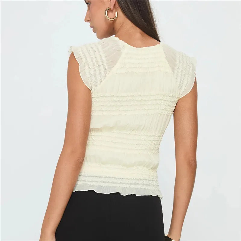 Cottage Vintage Ruffles Hem Shirt Vest Y2k Women Shirred Elastic Tank Tops Summer Sleeveless Slim Fit Crop Tops