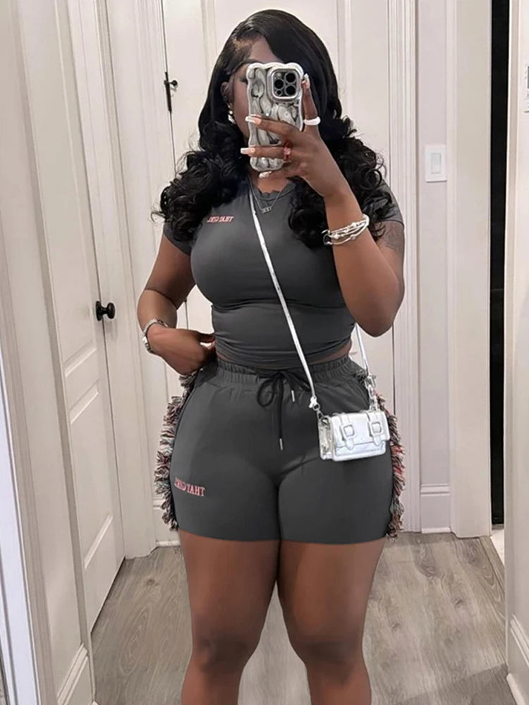 Letter Embroidery Women Casual 2 Piece Set Tracksuit Shorts Sleeve Crop Tops+Side Tassel Shorts Sporty Matching Suits