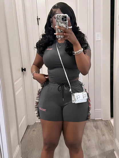 Letter Embroidery Women Casual 2 Piece Set Tracksuit Shorts Sleeve Crop Tops+Side Tassel Shorts Sporty Matching Suits
