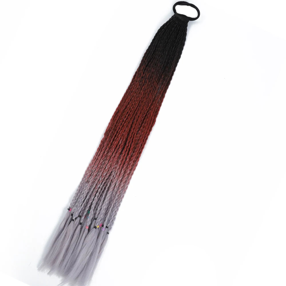 Synthetic 24inch Girls Colored Box Braided Ponytail With Elastic Rubber Band Hair Extensions Rainbow Color Box Pigtail Hairpiece