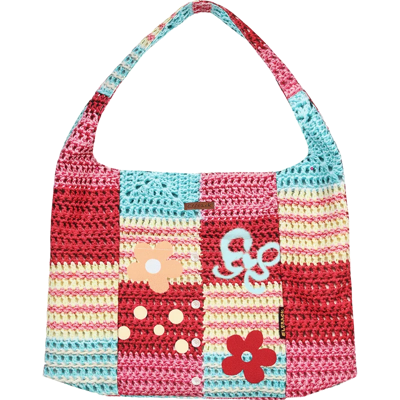 Colorful Crochet Tote Bag, Bohemian Floral Print Knit Shoulder Bag, Casual Summer Beach Bag for Women