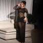 See Through Mesh Splicing Sexy Black Dress Hollow Backless Long Sleeve Maxi Dresses Clubwear Woman