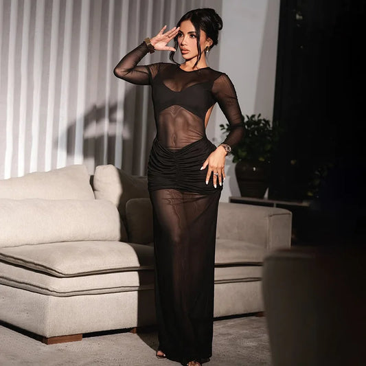 See Through Mesh Splicing Sexy Black Dress Hollow Backless Long Sleeve Maxi Dresses Clubwear Woman