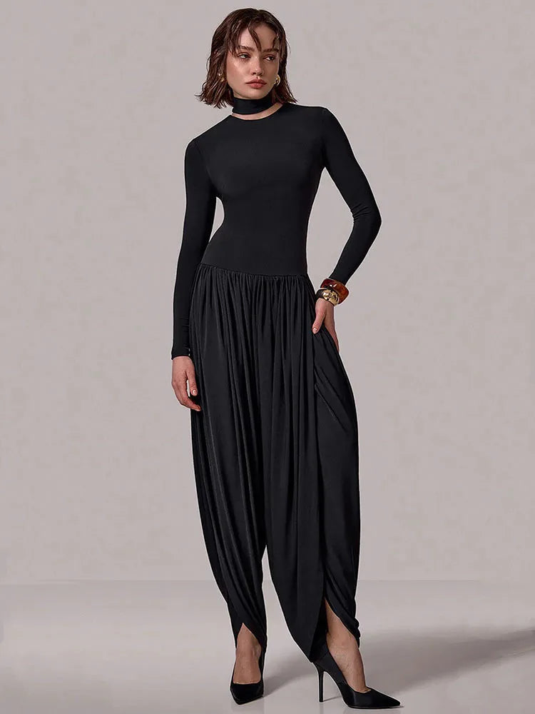 Long Sleeve Draped Sexy Jumpsuit Women Overalls Autumn Winter New Patchwork Solid Turtleneck High Waist Slim Jumpsuis