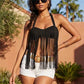 Women Suede Fringe Halter Crop Top Backless Buckle Tassel Sleeveless Western Cowboy Festival Party Streetwear Tank Tops