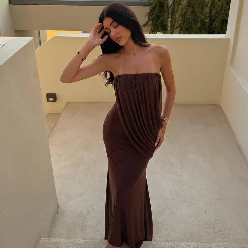 Strapless Maxi Dress with Ruched Asymmetric Draped Mesh Evening Party Dresses for Ladies Elegant
