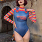 Women Chucky Halloween Cosplay Bodysuit Long Sleeve Stripe Fake Overalls Letter Print Horror Doll Party Festival Costume