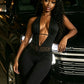 Sexy Backless Halter Romper Women Hottie Lace Patchwork Deep V-Neck Ruched Bandages Sleeveless Trend Party CLubwear