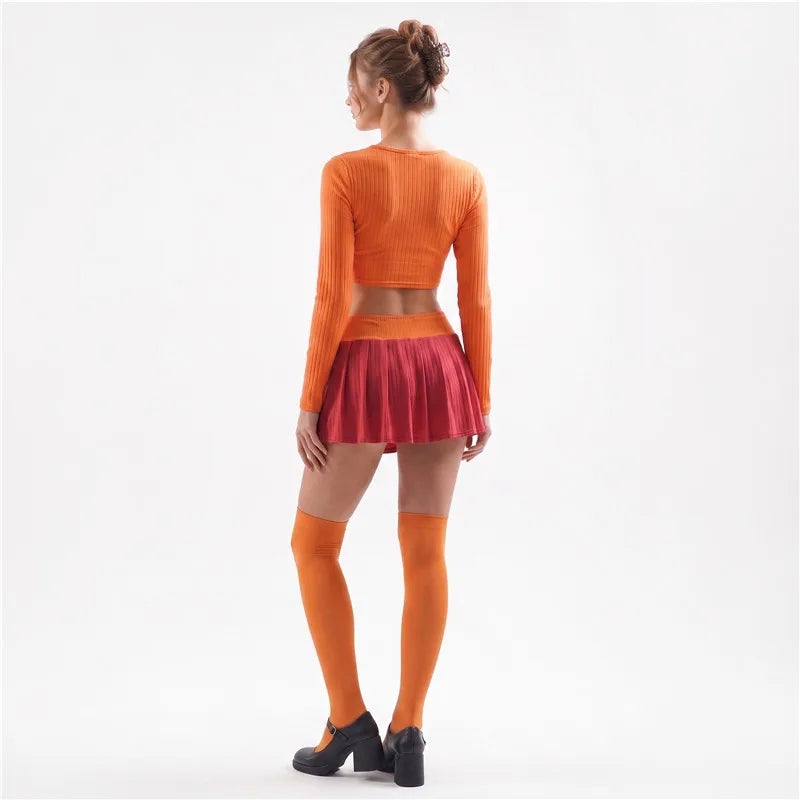 Women Skirt Set Long Sleeve Hollowed Crop Top with Mini Skirt Stockings Clubwear Summer Outfit Halloween Velma Costume