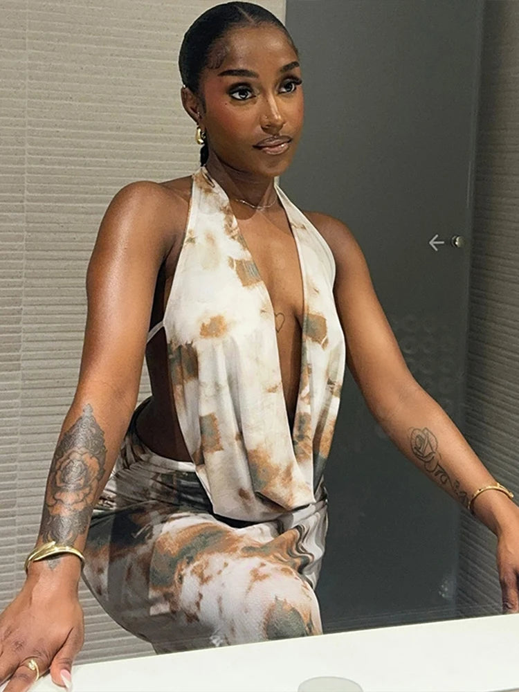 Backless Print Halter 2Peice Set Woman Summer Swinging-Collar Bandage Tank+Mesh Ruffles Tie-Dye Skirt Matching Suit