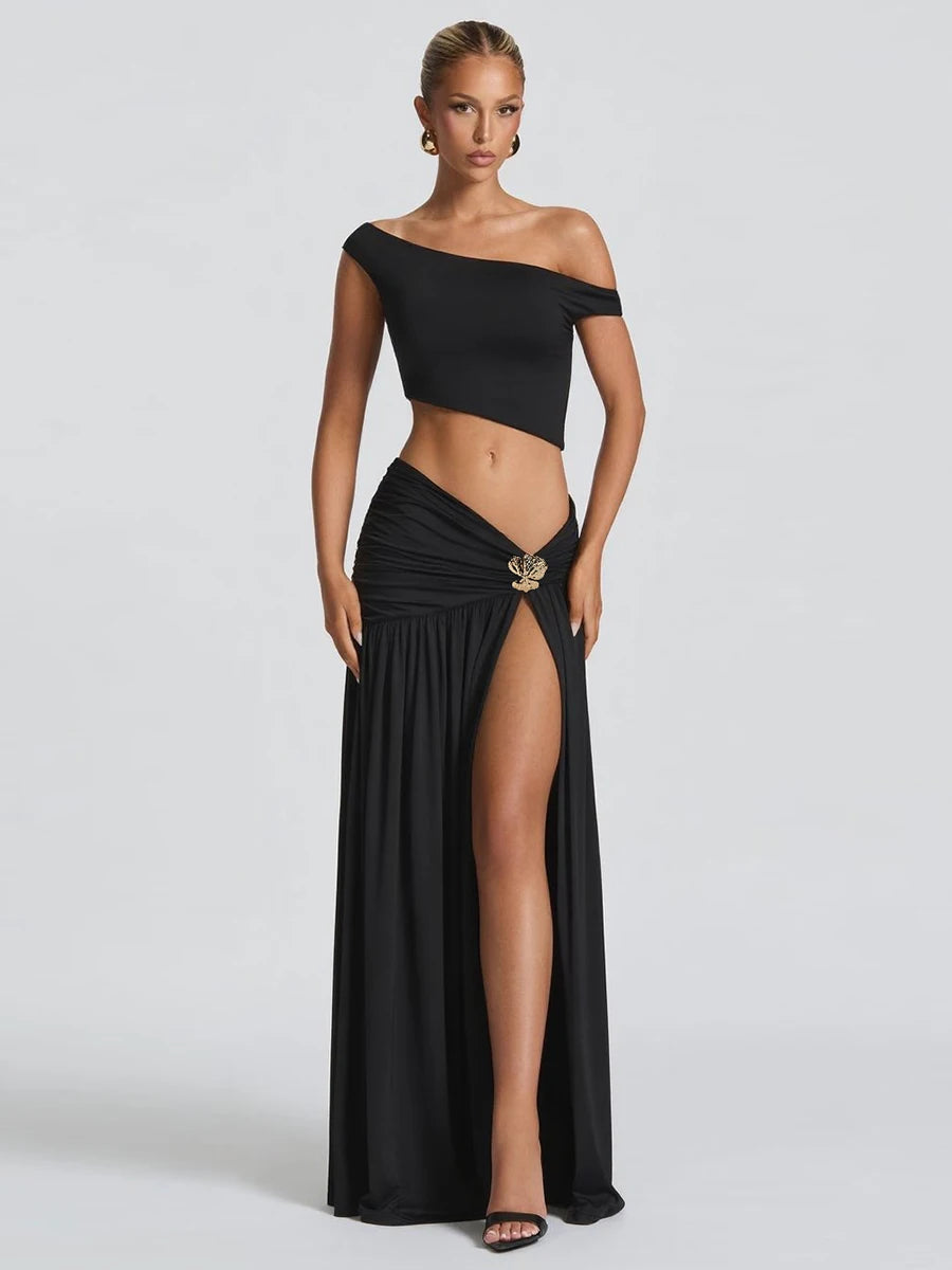 Sexy Y2K Women 2 Piece Set Elegant Skew Collar Crop Tops+Pleated Metal Buckle Maxi Skirts Party Midnight Clubwear