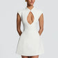 Women Cap Sleeve Sexy Mini Dress Stand Collar Cutout Front Lace Up Back Flared Dress A Line Party Cocktail Short Dress