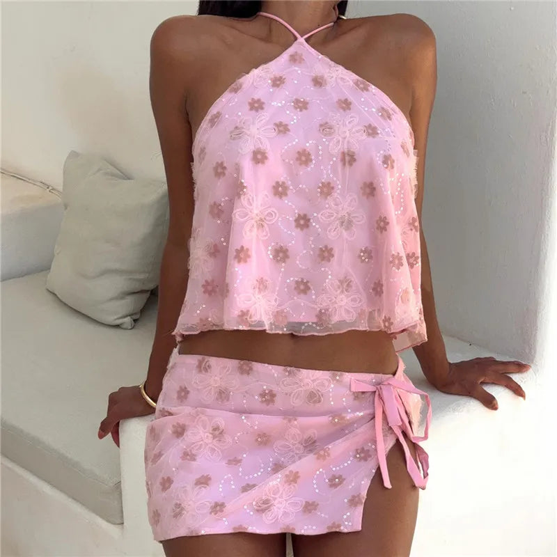 Women Two Piece Skirts Outfit Sparkly Sequin Sleeveless Tops Sexy Bodycon Mini Skirt Sets Shiny Y2K Party Clubwear