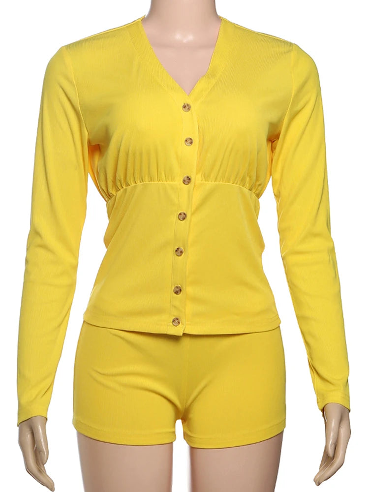 Y2K Sweet Style 2 Piece Set Women Single-Breasted Cardigan Full Sleeve Tops+Skinny Shorts Street Elegant Casual Suit