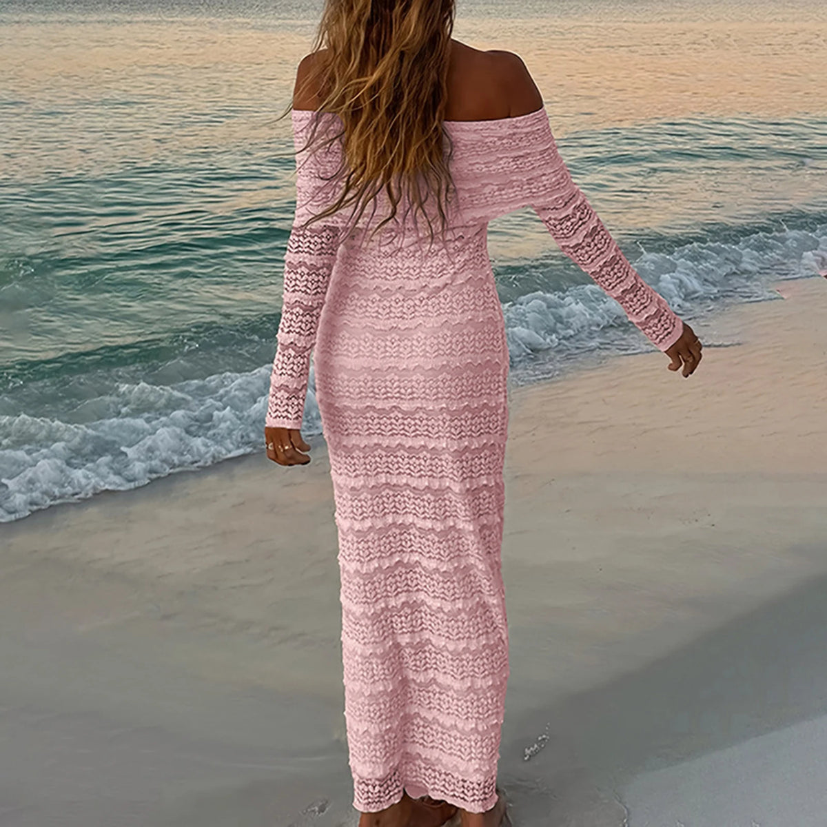 Women Off Shoulder Long Dress Slim Lace Flower Long Sleeve Backless Long Bodycon Maxi Dress for Daily Travel