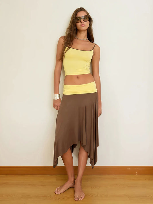 Color Blocking Design 2 Piece Set Woman Low-Neck Backless Navel Exposed Tops+Irregular Hem Long Skirts Elegant Suits