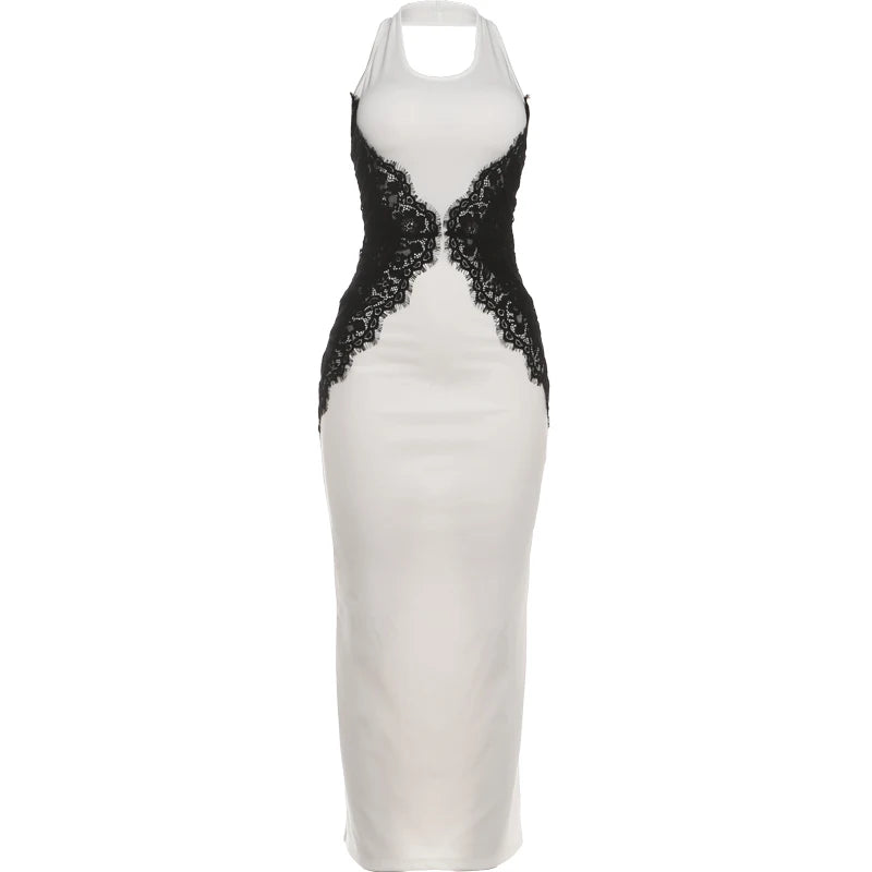 Backless Lace Patchwork Dress Woman Halter Sleeveless Midnight Birthday Prom Party Elegant Skinny Clubwear Vestidos