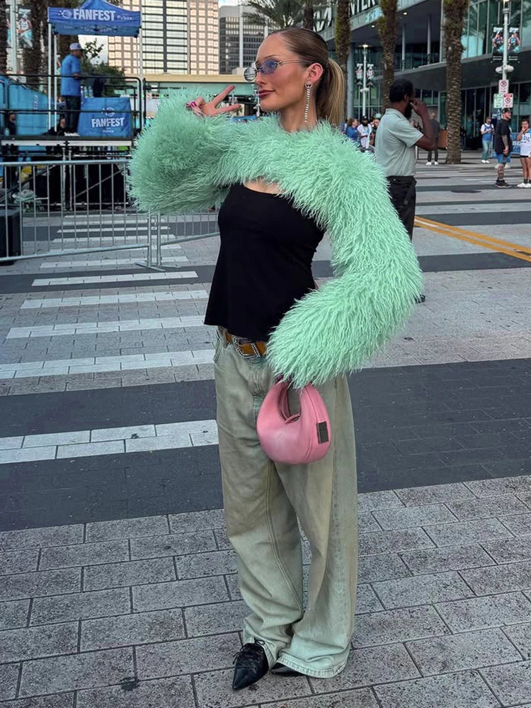 Fashion Furs Crop Tops Women Sexy Hottie O-Neck Full Sleeve Elegant Street Party Clubwear Autumn Simple Chic Outfits