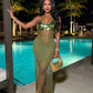 Sequin Knit Maxi Dress Women Hollow Long Tassel Halter Bandgae Low-Neck See Through Sleeveless Backless Vestidos