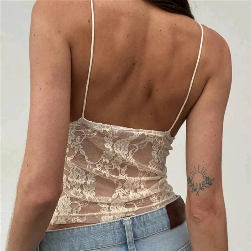 Women Lace Mesh Camisole Spaghetti Strap Sheer Floral Lace Chest Cutout Crop Top Slim Fit Y2K Streetwear Nightclub Party