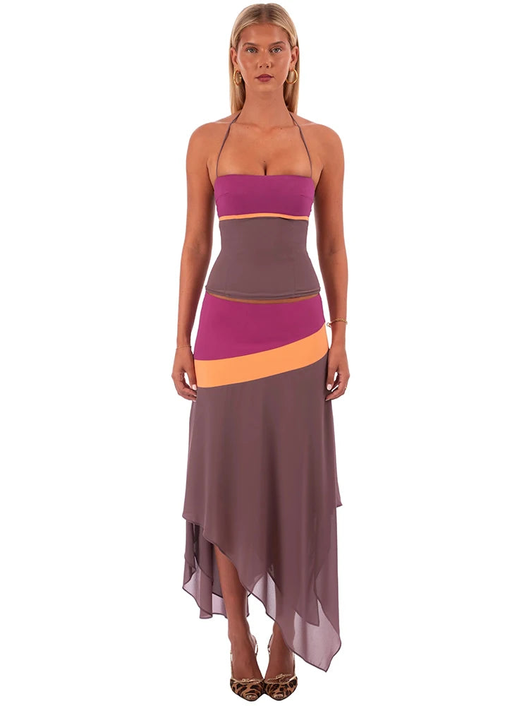 Women Color Block Sexy Two Piece Set Elegant Halter Crop Top And Midi Skirt Matching Sets Asymmetrical Hem Bodycon Set