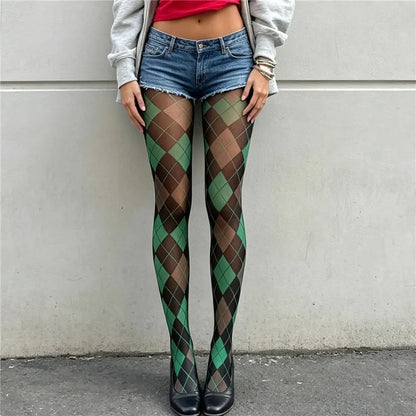 Women Vintage Argyle Pantyhose Classic Diamond Pattern Sheer Mesh Tights Fashion Printed Hosiery Party Cosplay Stockings